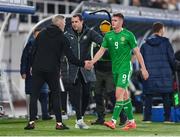 10 October 2024; Evan Ferguson of Republic of Ireland with goalkeeping coach Gudmundur Hreidarsson during the UEFA Nations League B Group 2 match between Finland and Republic of Ireland at the Helsinki Olympic Stadium in Helsinki, Finland. Photo by Stephen McCarthy/Sportsfile
