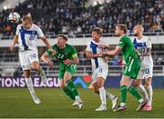 10 October 2024; Finland players, from left, Joel Pohjanpalo, Rasmus Schüller and Adam Stahl in action against Republic of Ireland's Nathan Collins and Liam Scales, right, during the UEFA Nations League B Group 2 match between Finland and Republic of Ireland at the Helsinki Olympic Stadium in Helsinki, Finland. Photo by Stephen McCarthy/Sportsfile