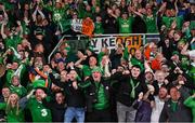 10 October 2024; Republic of Ireland supporters celebrate after Robbie Brady scored their winning goal during the UEFA Nations League B Group 2 match between Finland and Republic of Ireland at the Helsinki Olympic Stadium in Helsinki, Finland. Photo by Stephen McCarthy/Sportsfile