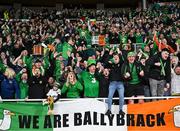 10 October 2024; Republic of Ireland supporters celebrate after Robbie Brady scored their winning goal during the UEFA Nations League B Group 2 match between Finland and Republic of Ireland at the Helsinki Olympic Stadium in Helsinki, Finland. Photo by Stephen McCarthy/Sportsfile
