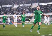 10 October 2024; Robbie Brady of Republic of Ireland celebrates after scoring his side's second goal during the UEFA Nations League B Group 2 match between Finland and Republic of Ireland at the Helsinki Olympic Stadium in Helsinki, Finland. Photo by Stephen McCarthy/Sportsfile