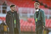 11 October 2024; Joe Hodge, left, and Sam Curtis before the UEFA European U21 Championship qualifier match between Republic of Ireland and Norway at Turner's Cross in Cork. Photo by Brendan Moran/Sportsfile