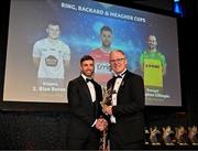 11 October 2024; Derry hurler Mark Craig receives his 2024 Ring, Rackard, and Meagher Team of the Year award from Uachtarán Chumann Lúthchleas Gael Jarlath Burns during the GAA Champion 15 Awards ceremony at Croke Park in Dublin. Photo by Sam Barnes/Sportsfile