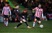 11 October 2024; Paddy Kirk of Bohemians in action against Paul McMullan of Derry City during the SSE Airtricity Men's Premier Division match between Derry City and Bohemians at The Ryan McBride Brandywell Stadium in Derry. Photo by Ramsey Cardy/Sportsfile