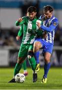 11 October 2024; Guillermo Almirall of Bray Wanderers in action against Jamie Watson of Finn Harps during the SSE Airtricity Men's First Division match between Bray Wanderers and Finn Harps at Carlisle Grounds in Bray, Wicklow. Photo by Thomas Flinkow/Sportsfile