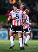 11 October 2024; Patrick Hoban of Derry City celebrates with team-mate Ronan Boyce, right, after scoring their side's first goal during the SSE Airtricity Men's Premier Division match between Derry City and Bohemians at The Ryan McBride Brandywell Stadium in Derry. Photo by Ramsey Cardy/Sportsfile