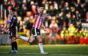 11 October 2024; Patrick Hoban of Derry City celebrates after scoring his side's first goal during the SSE Airtricity Men's Premier Division match between Derry City and Bohemians at The Ryan McBride Brandywell Stadium in Derry. Photo by Ramsey Cardy/Sportsfile