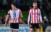 11 October 2024; Patrick Hoban of Derry City celebrates with team-mate Ronan Boyce, right, after scoring their side's first goal during the SSE Airtricity Men's Premier Division match between Derry City and Bohemians at The Ryan McBride Brandywell Stadium in Derry. Photo by Ramsey Cardy/Sportsfile
