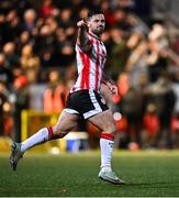 11 October 2024; Patrick Hoban of Derry City celebrates after scoring his side's first goal during the SSE Airtricity Men's Premier Division match between Derry City and Bohemians at The Ryan McBride Brandywell Stadium in Derry. Photo by Ramsey Cardy/Sportsfile