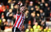 11 October 2024; Patrick Hoban of Derry City celebrates after scoring his side's first goal during the SSE Airtricity Men's Premier Division match between Derry City and Bohemians at The Ryan McBride Brandywell Stadium in Derry. Photo by Ramsey Cardy/Sportsfile