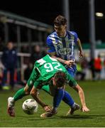 11 October 2024; Conor Knight of Bray Wanderers is tackled by Patrick Ferry of Finn Harps during the SSE Airtricity Men's First Division match between Bray Wanderers and Finn Harps at Carlisle Grounds in Bray, Wicklow. Photo by Thomas Flinkow/Sportsfile