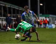 11 October 2024; Conor Knight of Bray Wanderers is tackled by Patrick Ferry of Finn Harps during the SSE Airtricity Men's First Division match between Bray Wanderers and Finn Harps at Carlisle Grounds in Bray, Wicklow. Photo by Thomas Flinkow/Sportsfile