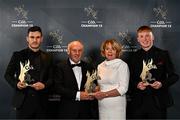 11 October 2024; Sligo footballers Niall Murphy, left, and Evan Lyons with their 2024 Tailteann Cup Team of the Year awards alongside Tony and Breege Carrabine, as they represent their son Sligo footballer Seán Carrabine, during the GAA Champion 15 Awards ceremony at Croke Park in Dublin. Photo by Sam Barnes/Sportsfile