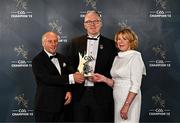 11 October 2024; Tony and Breege Carrabine, parents of Sligo footballer Seán Carrabine with his 2024 Tailteann Cup Team of the Year award alongside Uachtarán Chumann Lúthchleas Gael Jarlath Burns during the GAA Champion 15 Awards ceremony at Croke Park in Dublin. Photo by Sam Barnes/Sportsfile