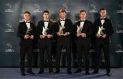 11 October 2024; Kildare and Naas hurlers, from left, Paddy McKenna, Simon Leacy, Conan Boran, Jack Sheridan and Rian Boran with their 2024 Ring, Rackard, and Meagher Team of the Year awards alongside Kildare and Naas footballer Darragh Kirwan, right, with his 2024 Tailteann Cup Team of the Year award during the GAA Champion 15 Awards ceremony at Croke Park in Dublin. Photo by Sam Barnes/Sportsfile