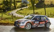 12 October 2024; Eddie Doherty and Tom Murphy in their Skoda Fabia R5, during the The Old Orchard Inn Donegal Harvest Stages Rally 2024 at Letterkenny in Donegal. Photo by Philip Fitzpatrick/Sportsfile