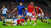 12 October 2024; Mike Haley of Munster scores his side's second try during the United Rugby Championship match between Leinster and Munster at Croke Park in Dublin. Photo by Shauna Clinton/Sportsfile