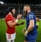 12 October 2024; Mike Haley of Munster, left, and RG Snyman of Leinster after the United Rugby Championship match between Leinster and Munster at Croke Park in Dublin. Photo by Brendan Moran/Sportsfile