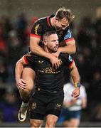 12 October 2024; John Cooney of Ulster celebrates with Stewart Moore after scoring their side's third try during the United Rugby Championship match between Ulster v Connacht at Kingspan Stadium in Belfast. Photo by Ramsey Cardy/Sportsfile