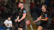 12 October 2024; John Cooney of Ulster celebrates with Stewart Moore after scoring their side's third try during the United Rugby Championship match between Ulster v Connacht at Kingspan Stadium in Belfast. Photo by Ramsey Cardy/Sportsfile