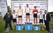 13 October 2024; Senior men's top finishers Keelan Kilrehill of Moy Valley AC, Mayo, first, Sean Tobin of Clonmel AC, Tipperary, second, Isaac Hirshmanchandler of Spain, third, Finley Daly of Sligo AC, fourth, and William Fitzgerald of Craughwell AC, Galway, fifth, with Mayor of Fingal Councillor Brian McDonagh, right, and Athletics Ireland president John Cronin, during the Autumn Open International Cross Country Festival and National Juvenile Relays at the Sport Ireland National Cross Country Track in Abbotstown, Dublin. Photo by Seb Daly/Sportsfile