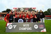 13 October 2024; The Shelbourne team celebrate with the cup and Republic of Ireland international Jamie Finn after the EA SPORTS WU19 Cup match between Shelbourne and Athlone Town at Tolka Park in Dublin. Photo by Tyler Miller/Sportsfile