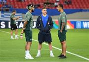 13 October 2024; Christos Tzolis of Greece, centre, in conversation with Andrew Omobamidele, left, and Adam Idah of Republic of Ireland before the UEFA Nations League B Group 2 match between Greece and Republic of Ireland at Georgios Karaiskakis Football Stadium in Piraeus, Greece. Photo by Stephen McCarthy/Sportsfile