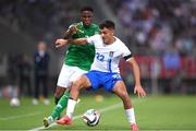13 October 2024; Dimitris Giannoulis of Greece in action against Chiedozie Ogbene of Republic of Ireland during the UEFA Nations League B Group 2 match between Greece and Republic of Ireland at Georgios Karaiskakis Football Stadium in Piraeus, Greece. Photo by Stephen McCarthy/Sportsfile