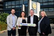 14 October 2024; GAA, GPA and Gaelchultúr Announce Landmark Partnership, offering 100 scholarships to Intercounty Players to learn Irish. Attendees at the announcement at Croke Park, Dublin included Sinéad McNulty, Ard-Stiúrthóir, An Cumann Camógaíochta, left, GPA CEO Tom Parsons, Lynn Savage, National Development Manager, LGFA and Príomhfheidhmeannach, Gaelchultúr, Darren Ó Rodaigh, centre. Photo by David Fitzgerald/Sportsfile