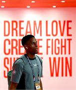 13 October 2024; Chiedozie Ogbene of Republic of Ireland arrives for the UEFA Nations League B Group 2 match between Greece and Republic of Ireland at Georgios Karaiskakis Football Stadium in Piraeus, Greece. Photo by Stephen McCarthy/Sportsfile