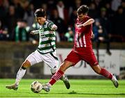 9 October 2024; Hyunjun Yang of Celtic in action against  Stefan Radosavljevic of Sligo Rovers during the mid-season friendly match between Sligo Rovers and Celtic FC at The Showgrounds in Sligo. Photo by Piaras Ó Mídheach/Sportsfile