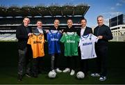 14 October 2024; In attendance are, from left, Ulster manager Kieran Donnelly, Geoff Sparling, Chief Customer Officer Allianz Ireland, Munster representive Paul Shankey, Leinster manager Dessie Dolan, Mark Brennan, Head of Marketing Allianz Ireland and Connacht manager Padraic Joyce during the Allianz GAA Football Inter-Provincial Series Briefing at Croke Park in Dublin. Photo by David Fitzgerald/Sportsfile
