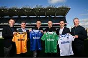 14 October 2024; In attendance are, from left, Ulster manager Kieran Donnelly, Geoff Sparling, Chief Customer Officer Allianz Ireland, Munster representive Paul Shankey, Leinster manager Dessie Dolan, Mark Brennan, Head of Marketing Allianz Ireland and Connacht manager Padraic Joyce during the Allianz GAA Football Inter-Provincial Series Briefing at Croke Park in Dublin. Photo by David Fitzgerald/Sportsfile