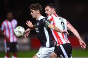 14 October 2024; Niall Morahan of Sligo Rovers in action against Patrick Hoban of Derry City during the SSE Airtricity Men's Premier Division match between Derry City and Sligo Rovers at The Ryan McBride Brandywell Stadium in Derry. Photo by Ramsey Cardy/Sportsfile