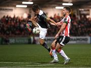 14 October 2024; Niall Morahan of Sligo Rovers in action against Patrick Hoban of Derry City during the SSE Airtricity Men's Premier Division match between Derry City and Sligo Rovers at The Ryan McBride Brandywell Stadium in Derry. Photo by Stephen McCarthy/Sportsfile