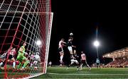 14 October 2024; Connor Malley of Sligo Rovers in action against Ronan Boyce of Derry City during the SSE Airtricity Men's Premier Division match between Derry City and Sligo Rovers at The Ryan McBride Brandywell Stadium in Derry. Photo by Stephen McCarthy/Sportsfile