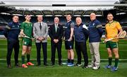 15 October 2024; In attendance during the Shinty Hurling International 2024 launch at Croke Park in Dublin are, from left, Joint Ireland manager Michael Kavanagh, Ireland player Eoin Cody, Shinty President Burton Morrisson, Leinster GAA Chairperson Derek Kent, Scotland player Craig Morrison, Scotland manager Gary Reid, Joint Ireland manager Terence McNaughton and Ireland captain Enda Rowland. Photo by Sam Barnes/Sportsfile