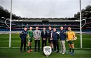 15 October 2024; In attendance during the Shinty Hurling International 2024 launch at Croke Park in Dublin are, from left, Joint Ireland manager Michael Kavanagh, Ireland player Eoin Cody, Shinty President Burton Morrisson, Leinster GAA Chairperson Derek Kent, Scotland player Craig Morrison, Scotland manager Gary Reid, Joint Ireland manager Terence McNaughton and Ireland captain Enda Rowland. Photo by Sam Barnes/Sportsfile