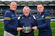 15 October 2024; In attendance during the Shinty Hurling International 2024 launch at Croke Park in Dublin are, Joint Ireland managers Terence McNaughton, and Michael Kavanagh, right, with Scotland manager Gary Reid and the Mowi Shinty / Hurling International Quaich. Photo by Sam Barnes/Sportsfile