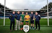 15 October 2024; In attendance during the Shinty Hurling International 2024 launch at Croke Park in Dublin are, from left, Joint Ireland manager Michael Kavanagh, Joint Ireland manager Terence McNaughton, Irleand player Eoin Cody, Ireland captain Enda Rowland, Scotland player Craig Morrison and Scotland manager Gary Reid. Photo by Sam Barnes/Sportsfile