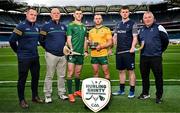 15 October 2024; In attendance during the Shinty Hurling International 2024 launch at Croke Park in Dublin are, from left, Joint Ireland manager Michael Kavanagh, Joint Ireland manager Terence McNaughton, Ireland player Eoin Cody, Ireland captain Enda Rowland, Scotland player Craig Morrison and Scotland manager Gary Reid. Photo by Sam Barnes/Sportsfile