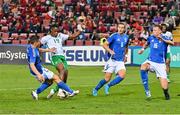15 October 2024; Aidomo Emakhu of Republic of Ireland has a shot on goal blocked by Mattia Zanotti of Italy during the UEFA European U21 Championship qualifier match between Italy and Republic of Ireland at Stadio Nereo Rocco in Trieste, Italy. Photo by Igor Kupljenik/Sportsfile