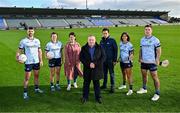 17 October 2024; Dublin GAA and Staycity Aparthotels have revealed their new alternate kit that will be worn in select matches throughout the 2025 and 2026 seasons. In attendance at Parnell Park to launch the jersey are, from left, footballer Sean McMahon, ladies footballer Leah Caffrey, UK/Ireland marketing manager Olga Pull, managing director Keith Freeman, director of brand & marketing Jason Delany, camogie player Emma O’Byrne and hurler Paddy Smyth. The jersey is designed to pay homage to the city's famous landmarks and rich cultural history. Photo by Sam Barnes/Sportsfile
