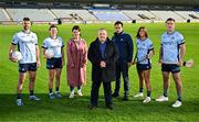 17 October 2024; Dublin GAA and Staycity Aparthotels have revealed their new alternate kit that will be worn in select matches throughout the 2025 and 2026 seasons. In attendance at Parnell Park to launch the jersey are, from left, footballer Sean McMahon, ladies footballer Leah Caffrey, UK/Ireland marketing manager Olga Pull, managing director Keith Freeman, director of brand & marketing Jason Delany, camogie player Emma O’Byrne and hurler Paddy Smyth. The jersey is designed to pay homage to the city's famous landmarks and rich cultural history. Photo by Sam Barnes/Sportsfile
