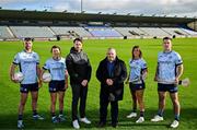 17 October 2024; Dublin GAA and Staycity Aparthotels have revealed their new alternate kit that will be worn in select matches throughout the 2025 and 2026 seasons. In attendance at Parnell Park to launch the jersey are, from left, footballer Sean McMahon, ladies footballer Leah Caffrey, O'Neills financial controller James Towell, managing director Keith Freeman, camogie player Emma O’Byrne and hurler Paddy Smyth. The jersey is designed to pay homage to the city's famous landmarks and rich cultural history. Photo by Sam Barnes/Sportsfile