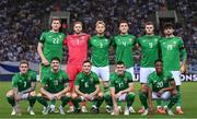 13 October 2024; The Republic of Ireland team, back row, from left, Nathan Collins, goalkeeper Caoimhin Kelleher, Liam Scales, Dara O'Shea, Evan Ferguson and Troy Parrott, with front row, from left, Sammie Szmodics, Robbie Brady, Josh Cullen, Jason Knight and Chiedozie Ogbene before the UEFA Nations League B Group 2 match between Greece and Republic of Ireland at Georgios Karaiskakis Football Stadium in Piraeus, Greece. Photo by Stephen McCarthy/Sportsfile