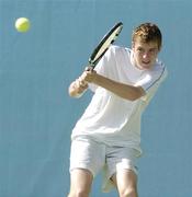 21 August 2004; James Cluskey returns a serve during the  Danone Irish Junior Championship. U18 Men's Final. James McGee.v.James Cluskey. Fitzwilliam Lawn Tennis Club, Dublin. Picture credit; Damien Eagers / SPORTSFILE