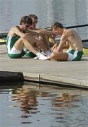 22 August 2004; A disappointed Irish team of, from left, Eugene Coakley, Richard Archibald and Niall O'Toole, after finishing 6th in the Final of the Men's Lightweight Coxless Fours in a time of 6.09.96. Schinias Olympic Rowing Centre. Games of the XXVIII Olympiad, Athens Summer Olympics Games 2004, Athens, Greece. Picture credit; Brendan Moran / SPORTSFILE