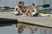 22 August 2004; A disappointed Irish team of, from left, Eugene Coakley, Richard Archibald and Niall O'Toole after finishing 6th in the Final of the Men's Lightweight Coxless Fours in a time of 6.09.96. Schinias Olympic Rowing Centre. Games of the XXVIII Olympiad, Athens Summer Olympics Games 2004, Athens, Greece. Picture credit; Brendan Moran / SPORTSFILE