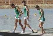 22 August 2004; Dejected members of the Irish team, from left, Niall O'Toole, Eugene Coakley and Paul Griffin after finishing 6th in the Final of the Men's Lightweight Coxless Fours in a time of 6.09.96. Schinias Olympic Rowing Centre. Games of the XXVIII Olympiad, Athens Summer Olympics Games 2004, Athens, Greece. Picture credit; Brendan Moran / SPORTSFILE